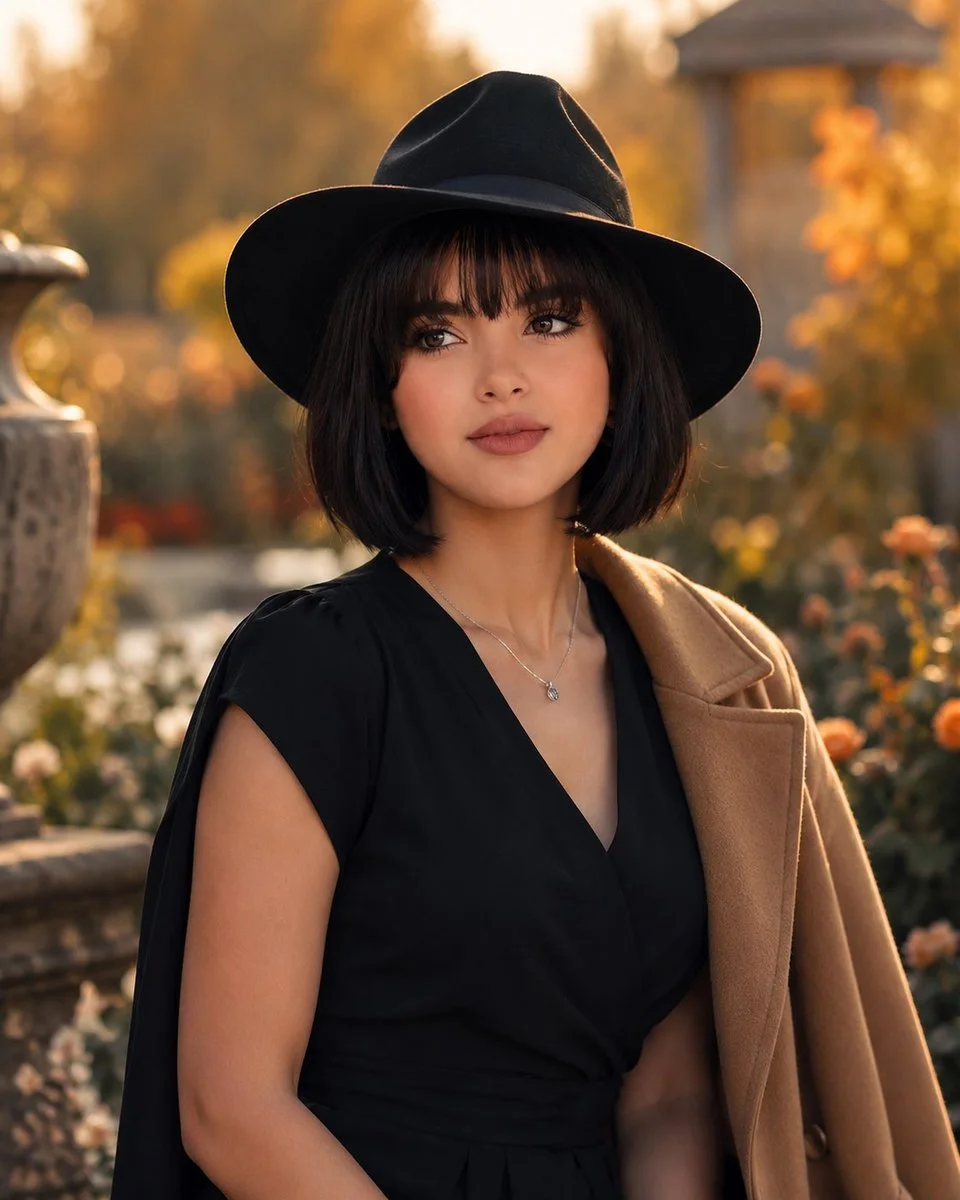 Elegant Arab woman in black fedora poses in autumn garden