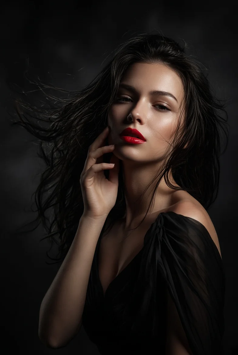 Elegant Beauty Grazes Her Cheek in Cinematic Black Dress Portrait