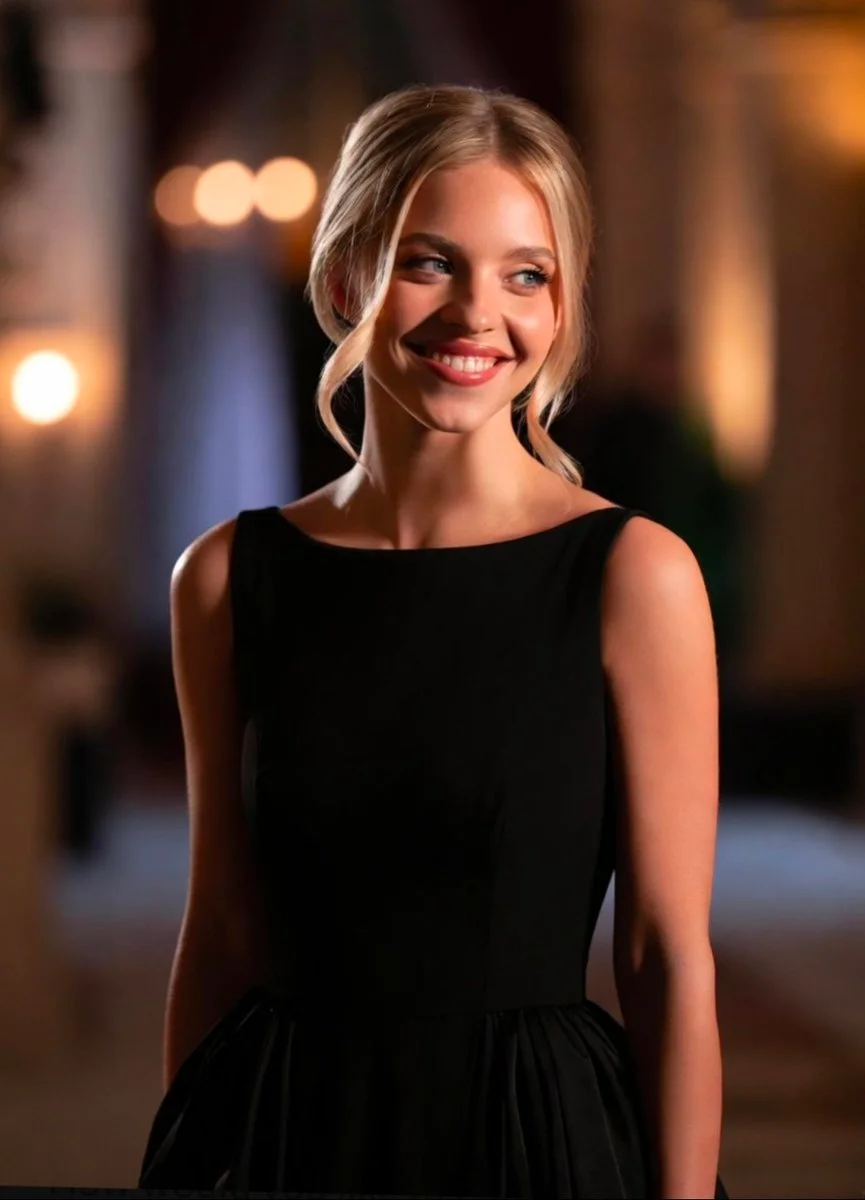 Elegant blonde with blue eyes wears a beaded black gown in dim light.