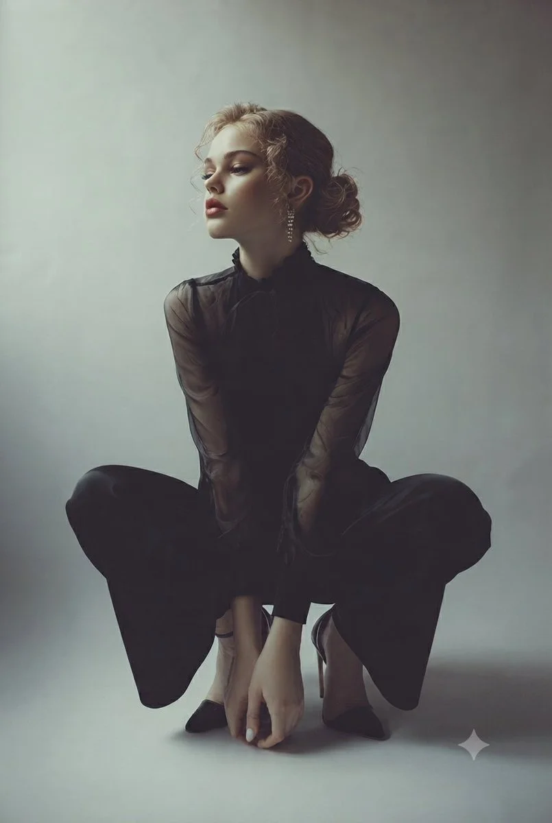 Elegant blonde woman crouches in moody studio light with yellow contrast