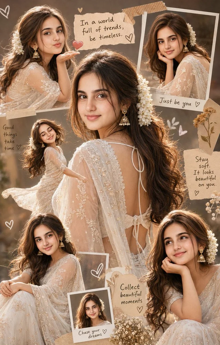 Elegant bride in white saree with jasmine flowers looks back gracefully