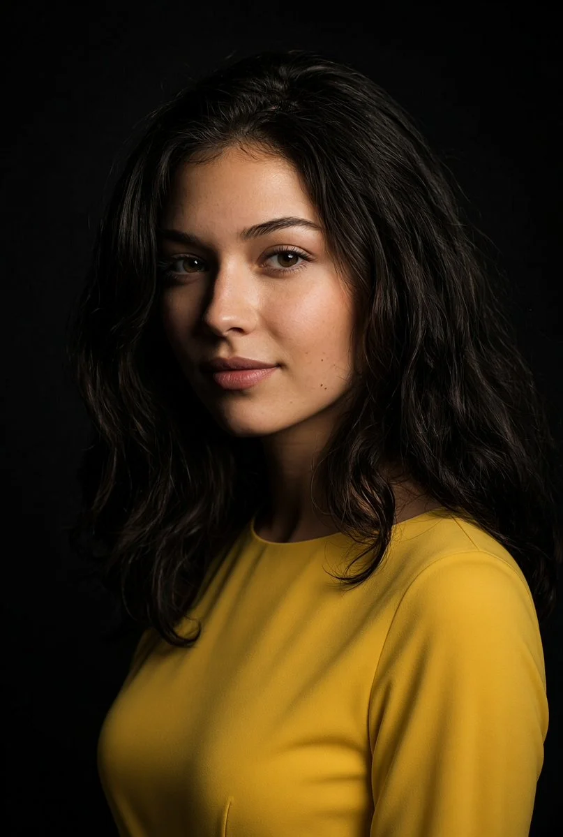 Elegant Brunette in Two-Tone Attire Poses Under Moody Chiaroscuro