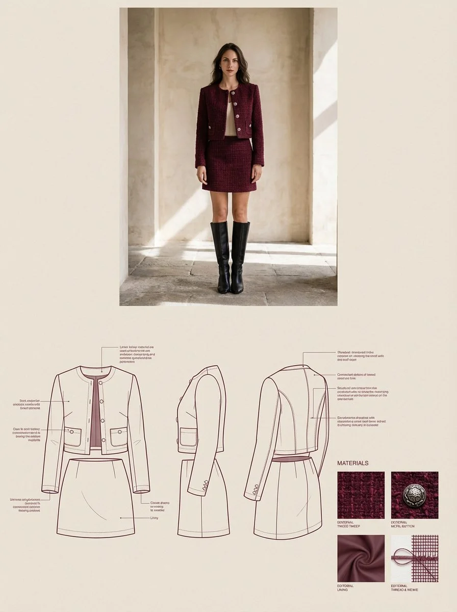 Elegant Burgundy: Tweed Suit Showcase