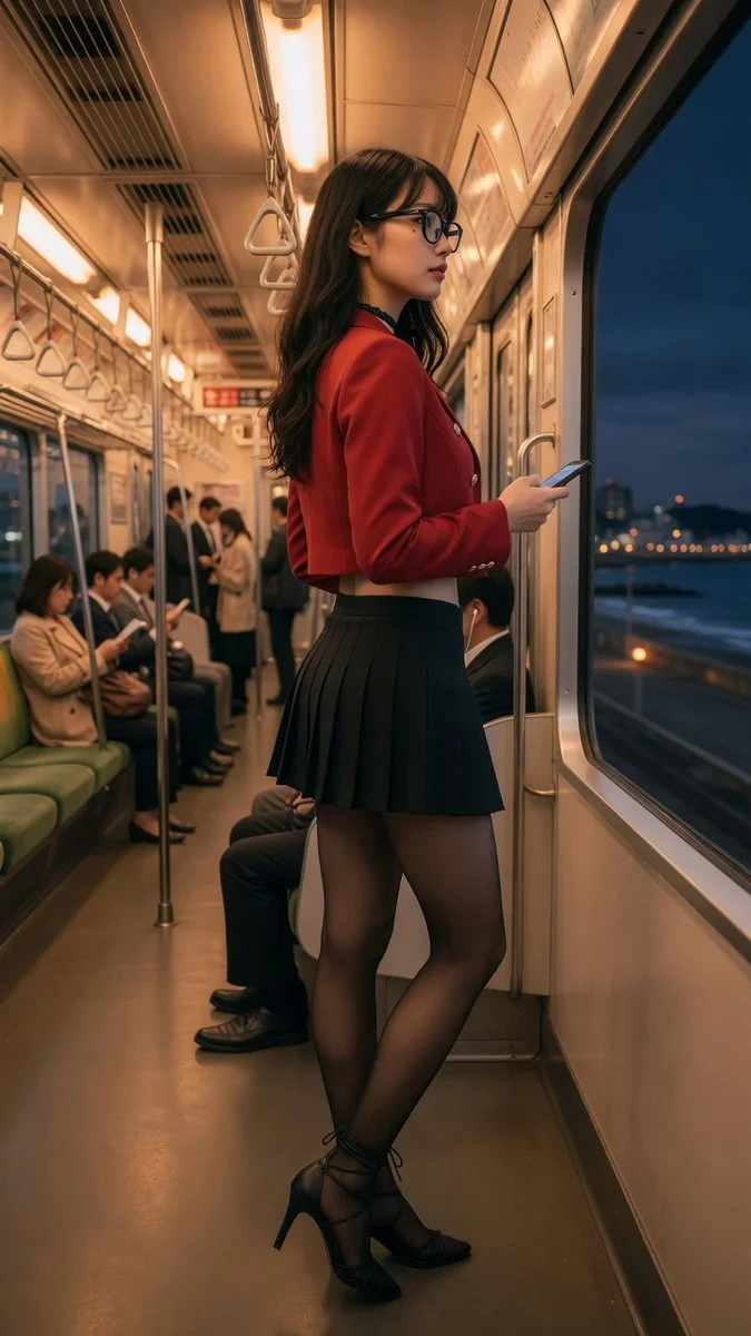Elegant commuter in red blazer stands by train pole at night