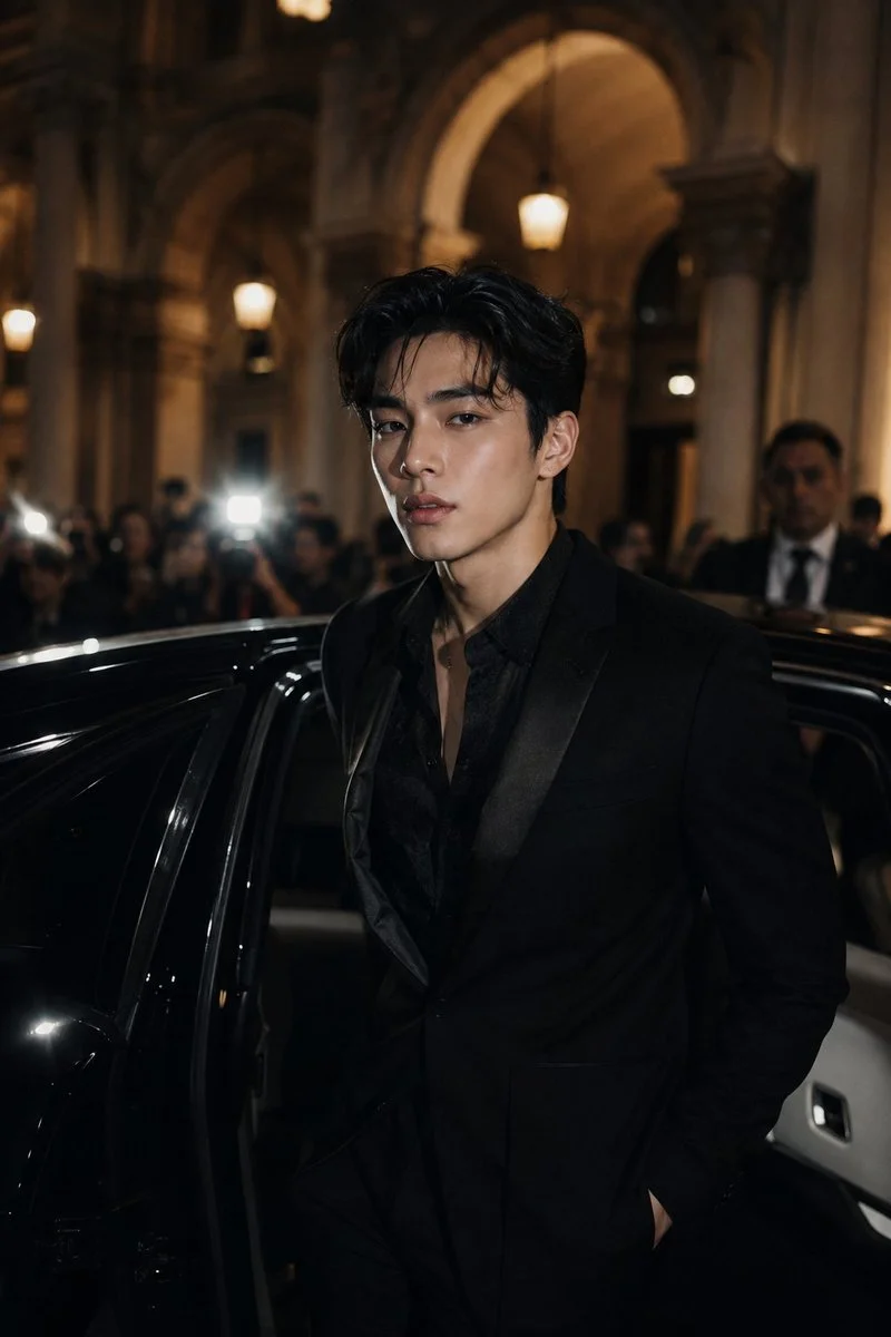 Elegant Confidence: Man in tuxedo turns at grand entrance, camera flashes