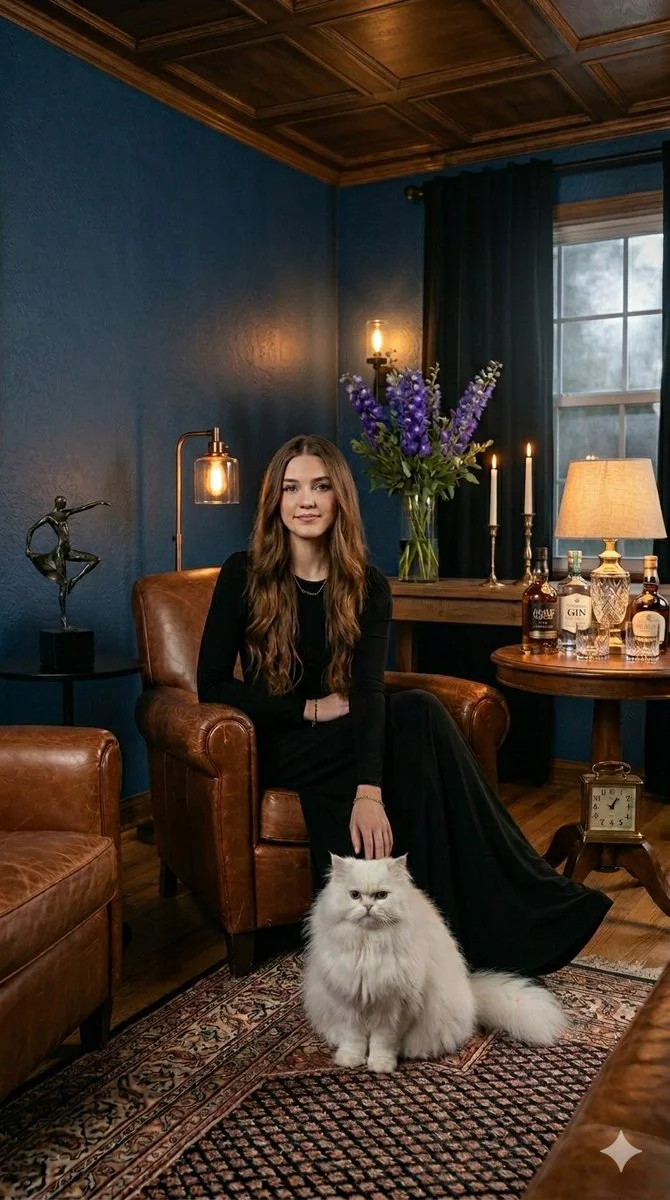 Elegant Dark Academia Portrait with Persian Cat and Vintage Ambiance