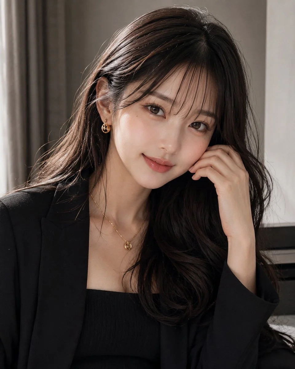 Elegant East Asian woman in black blazer rests chin on hand by sunlit window