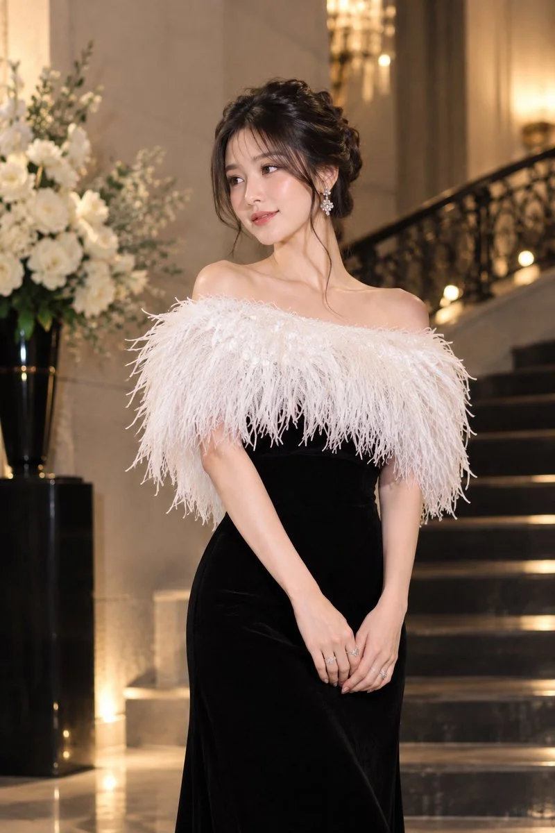 Elegant East Asian Woman Poses in Luxurious Hall with Feather Gown
