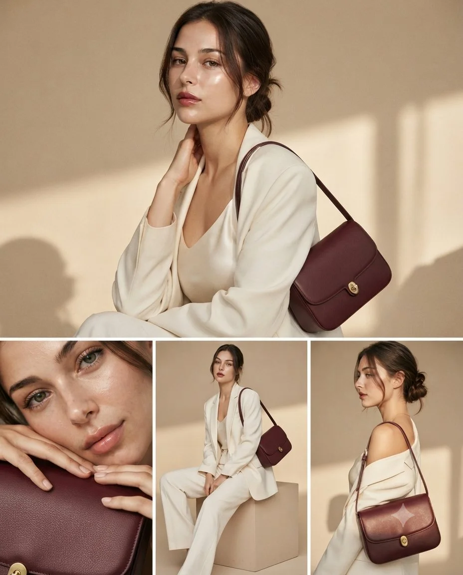 Elegant East Asian Woman Poses With Burgundy Leather Bag In Studio
