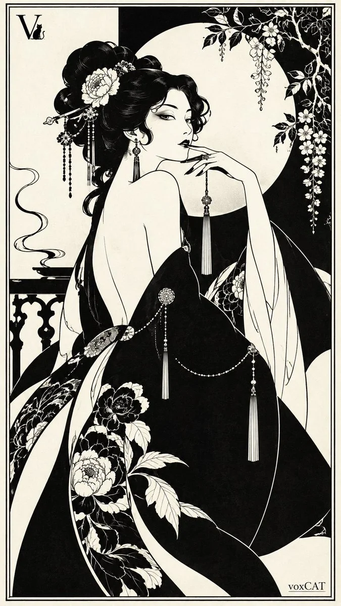 Elegant Eastern Lady in Beardsley Black and White Illustration