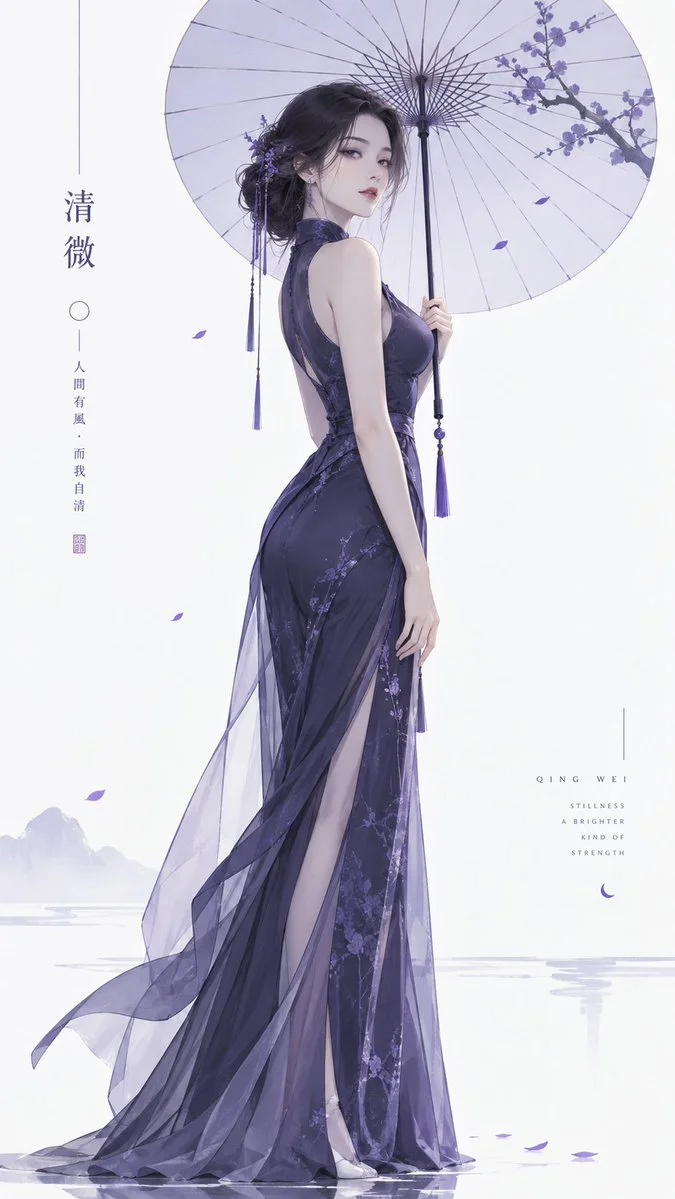 Elegant Eastern Woman Holds Minimal Paper Umbrella in Violet Light