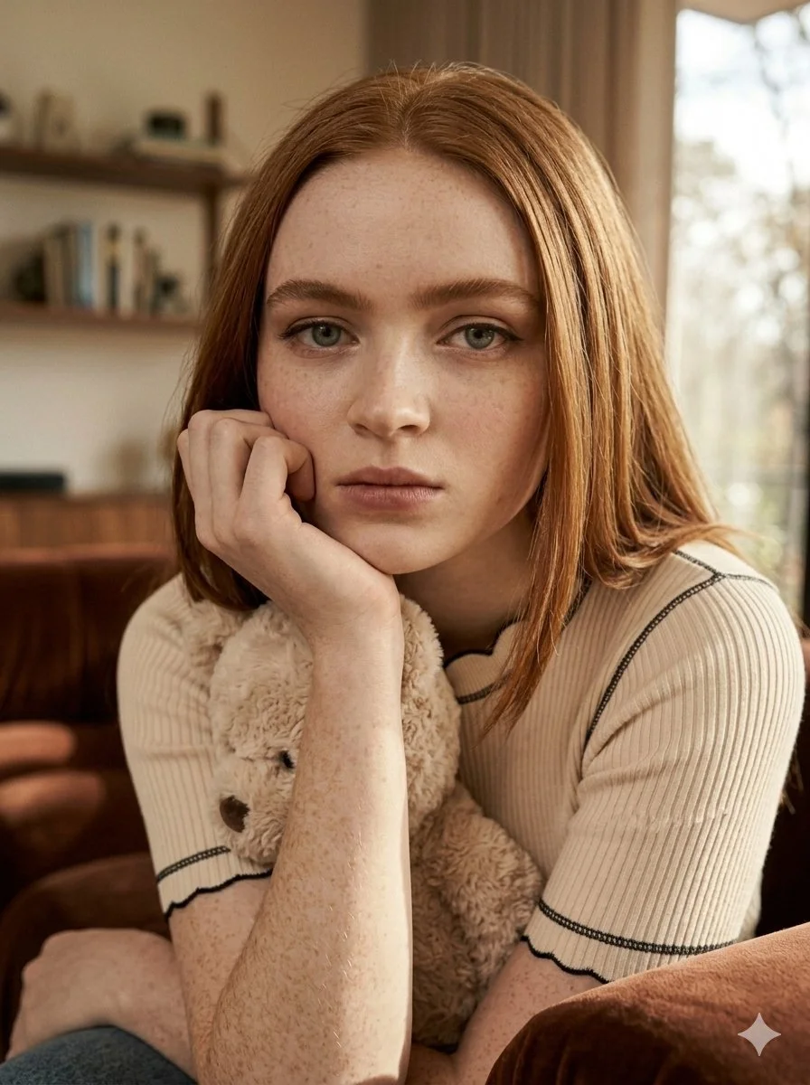 Elegant Editorial: Sadie Sink in Cream Knit Loungewear with Plush Contrast