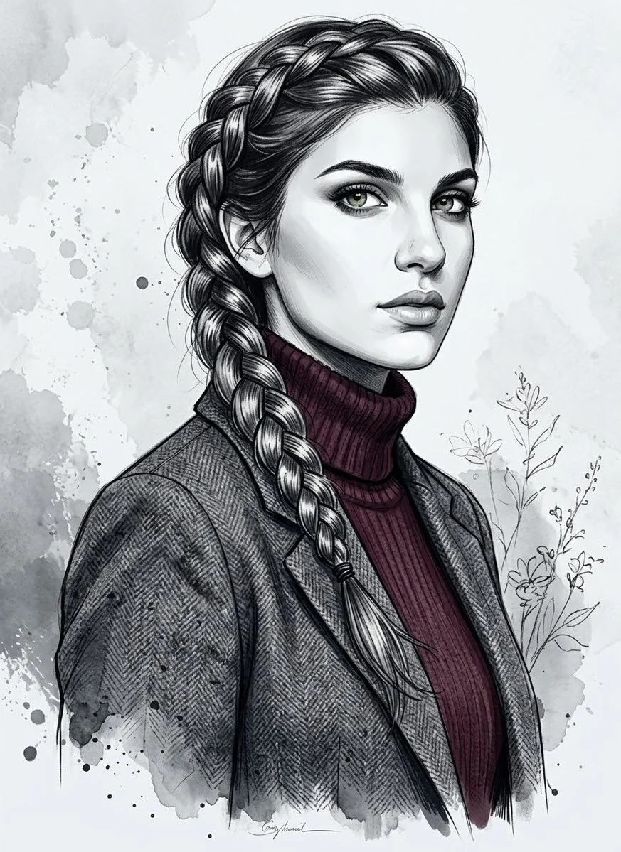 Elegant fashion illustration blends ink lines with soft grey watercolor
