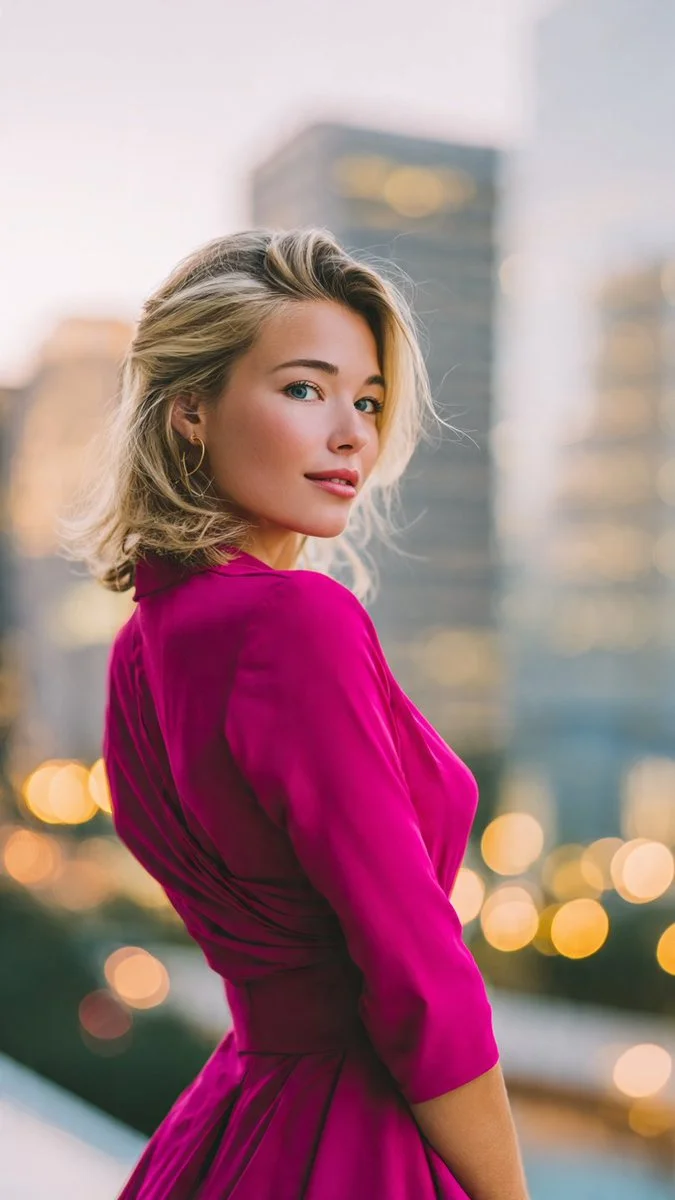 Elegant fashion portrait with soft bokeh lights on a warm evening.