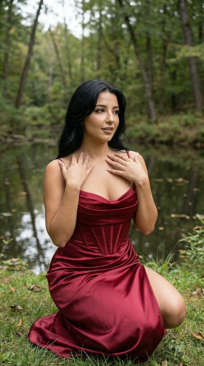 Elegant Femme by the Forest Pond