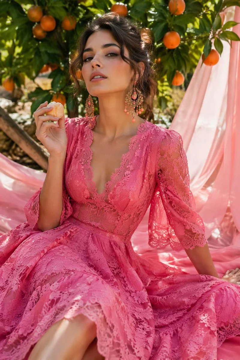 Elegant figure in vibrant pink lace sits among lush greenery