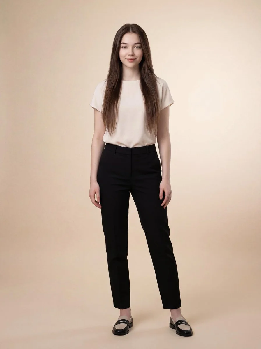 Elegant Full-Body Studio Portrait of a Young Woman in Minimalist Fashion