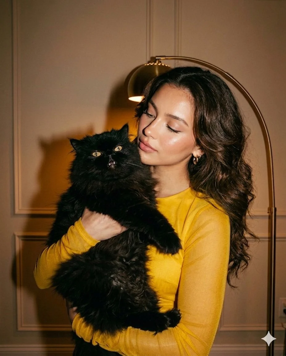Elegant Glow: Woman in Yellow with Persian Cat Under Golden Light