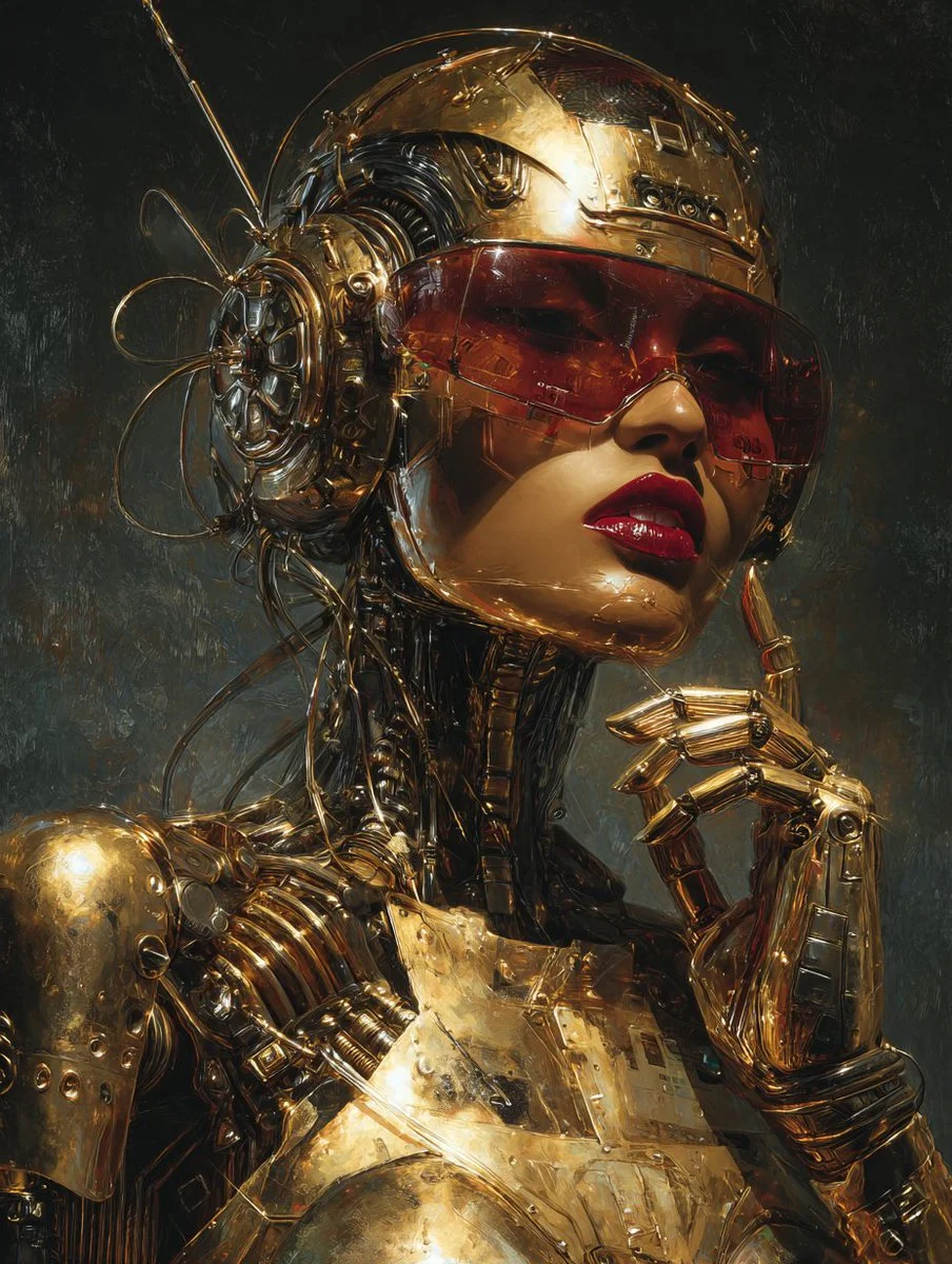 Elegant golden android with red visor and ribbed neck in dark scene