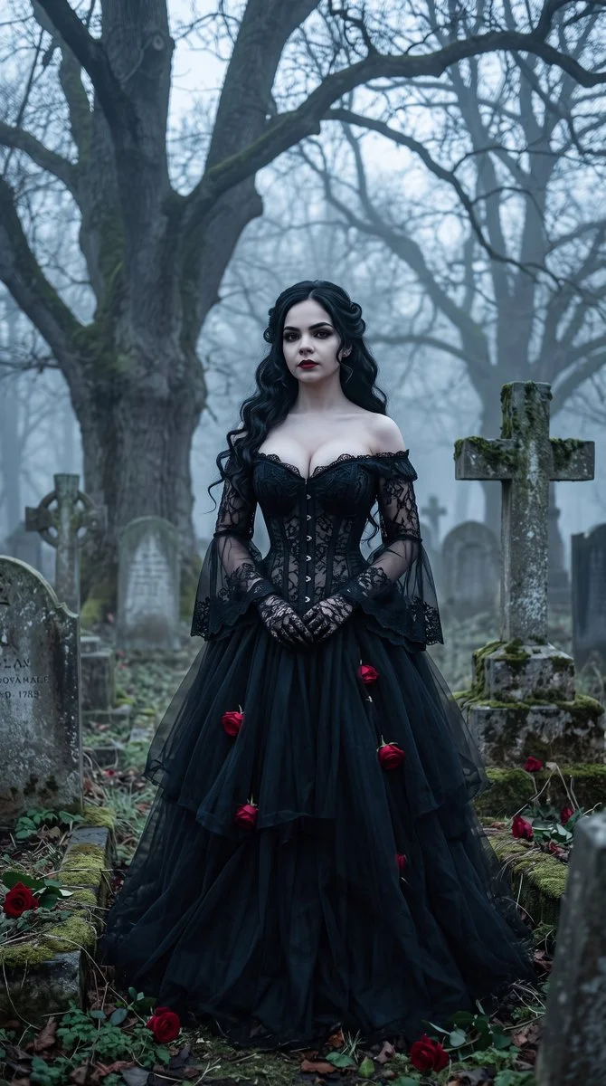 Elegant Gothic Woman Surrounded by Gravestones and Scattered Red Roses