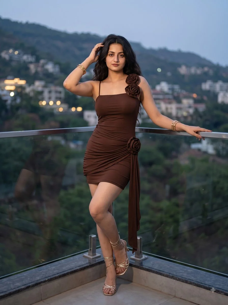 Elegant Indian woman in brown dress poses on twilight balcony
