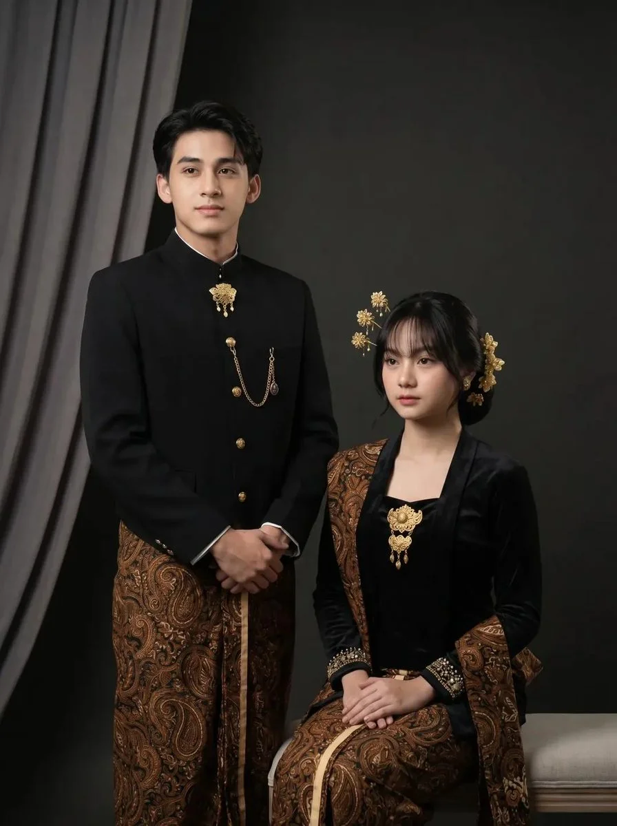 Elegant Javanese Couple in Traditional Attire Studio Portrait