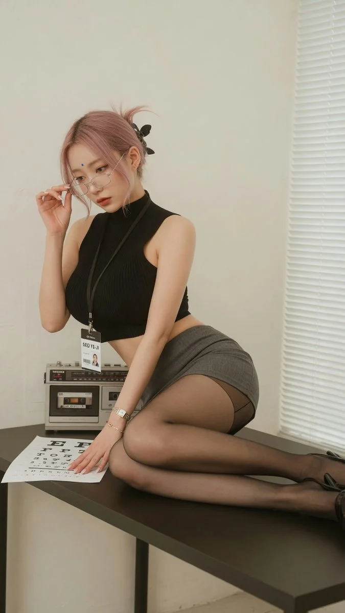 Elegant Korean Influencer in Retro Minimalist Office Portrait