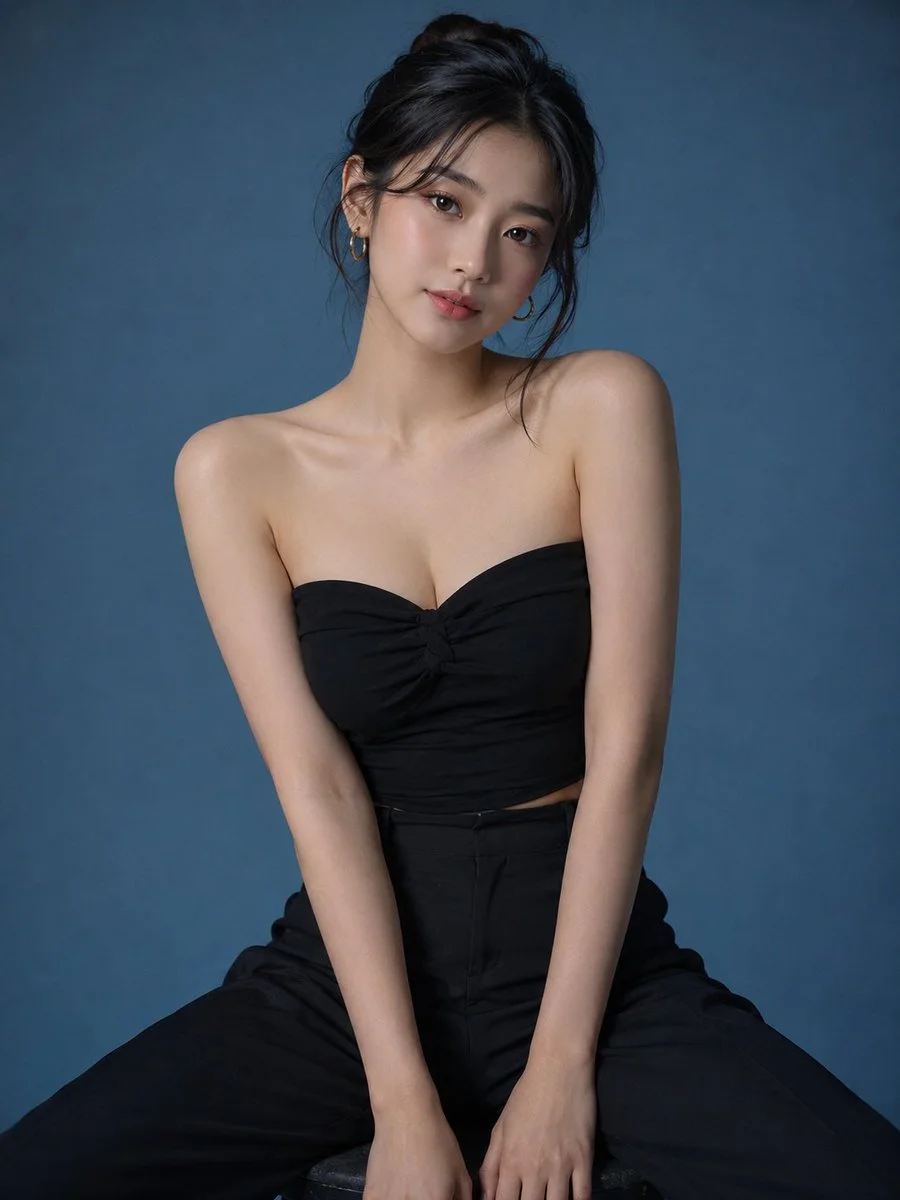 Elegant Korean woman in black fashion poses against royal blue studio backdrop