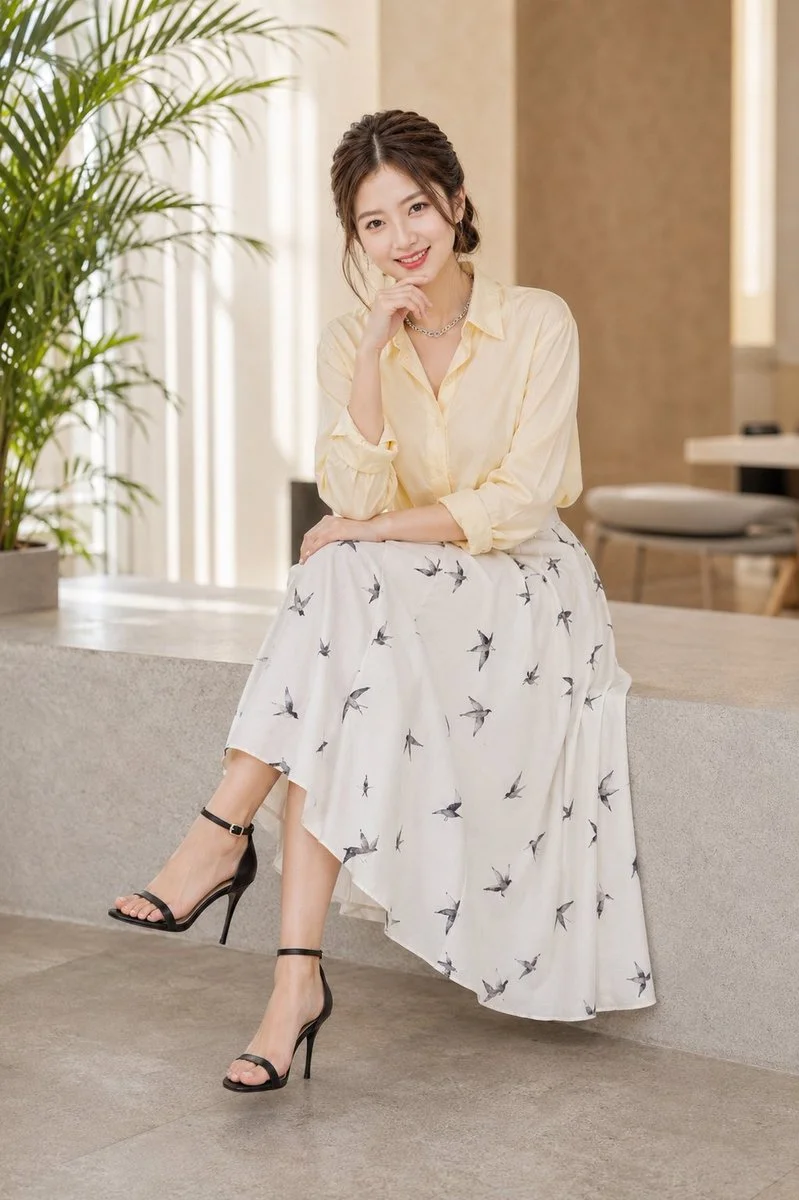 Elegant Korean woman in pastel yellow blouse seated on stone bench