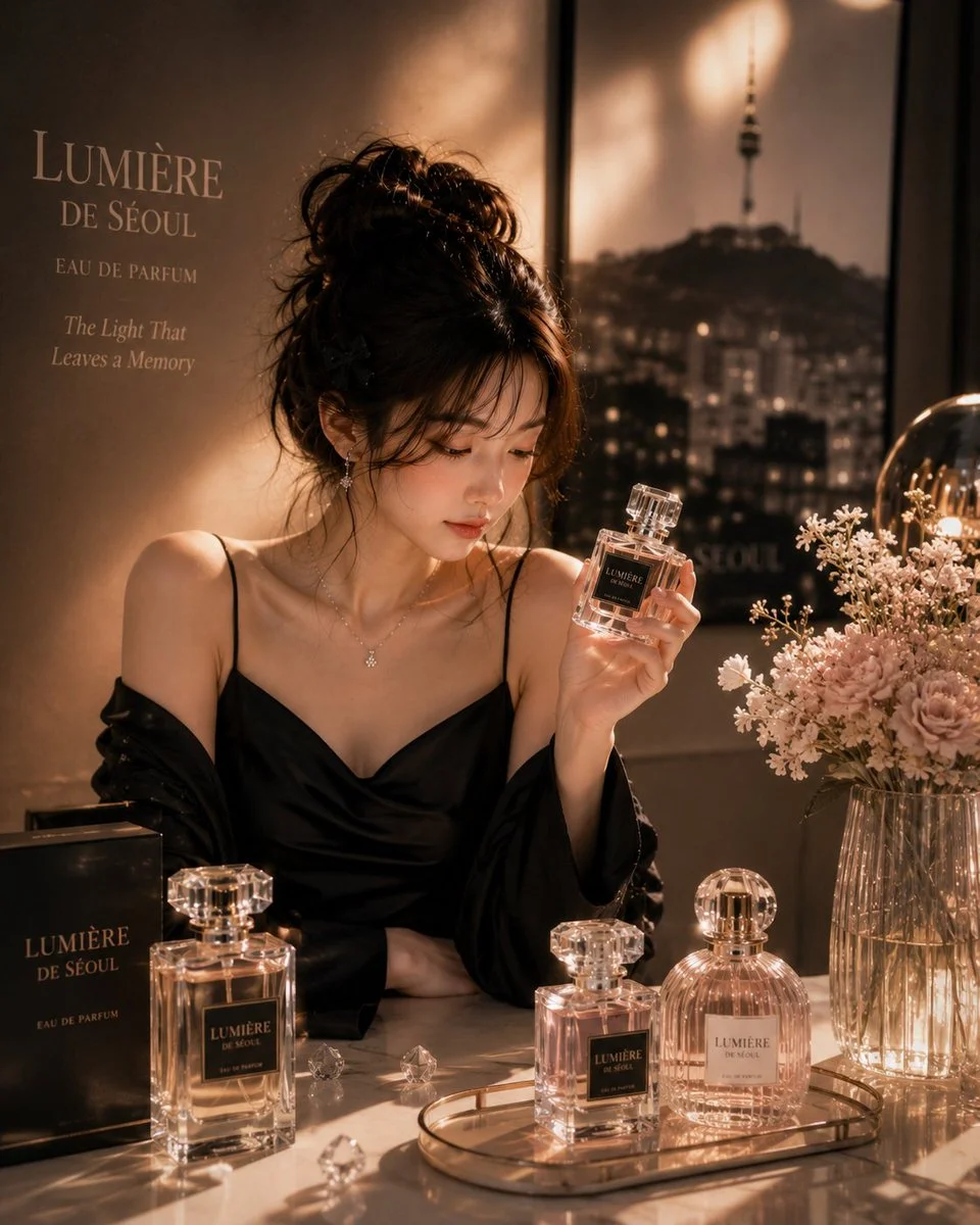 Elegant Korean woman sprays perfume in glowing Seoul boutique