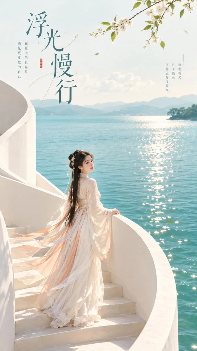 Elegant lady in white pauses on minimalist spiral staircase