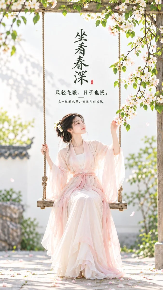 Elegant lady on minimalist swing gazes at pear blossom branch in soft daylight