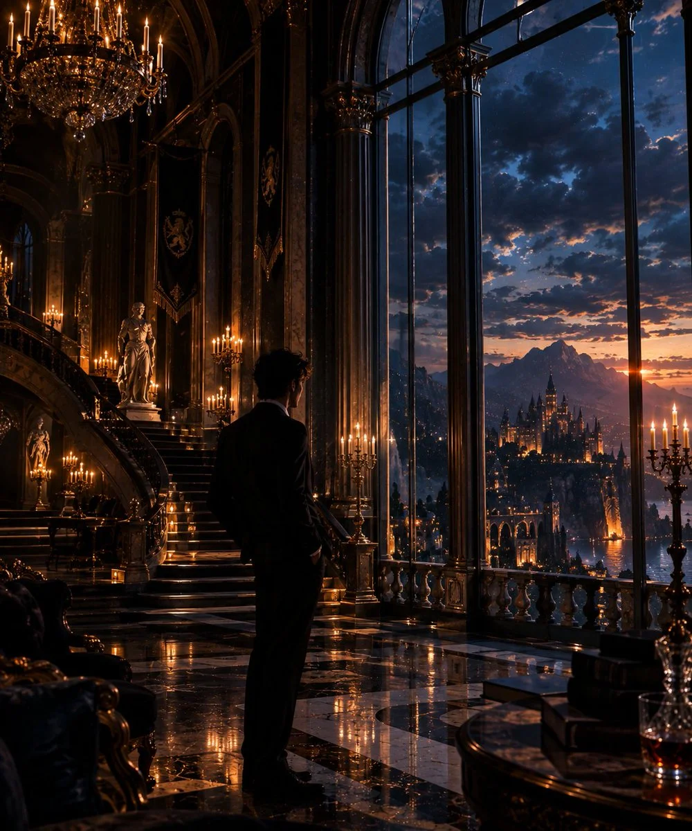 Elegant Man in Black Suit Stands in Grand Palace Hall