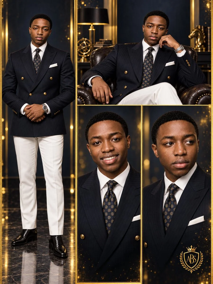 Elegant man in navy blazer stands smiling in four-panel studio portrait