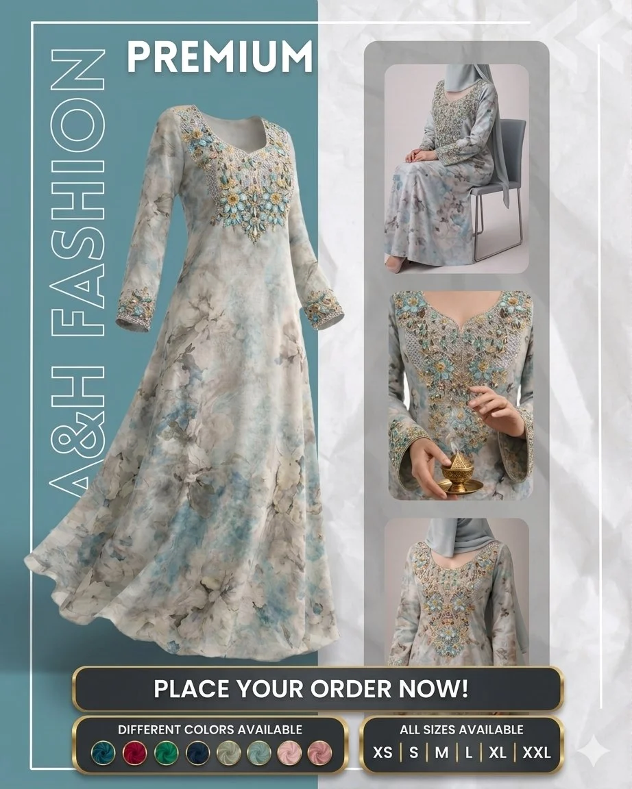 Elegant Maxi Dress Fashion Poster with Rich Embroidery and Textured Panels