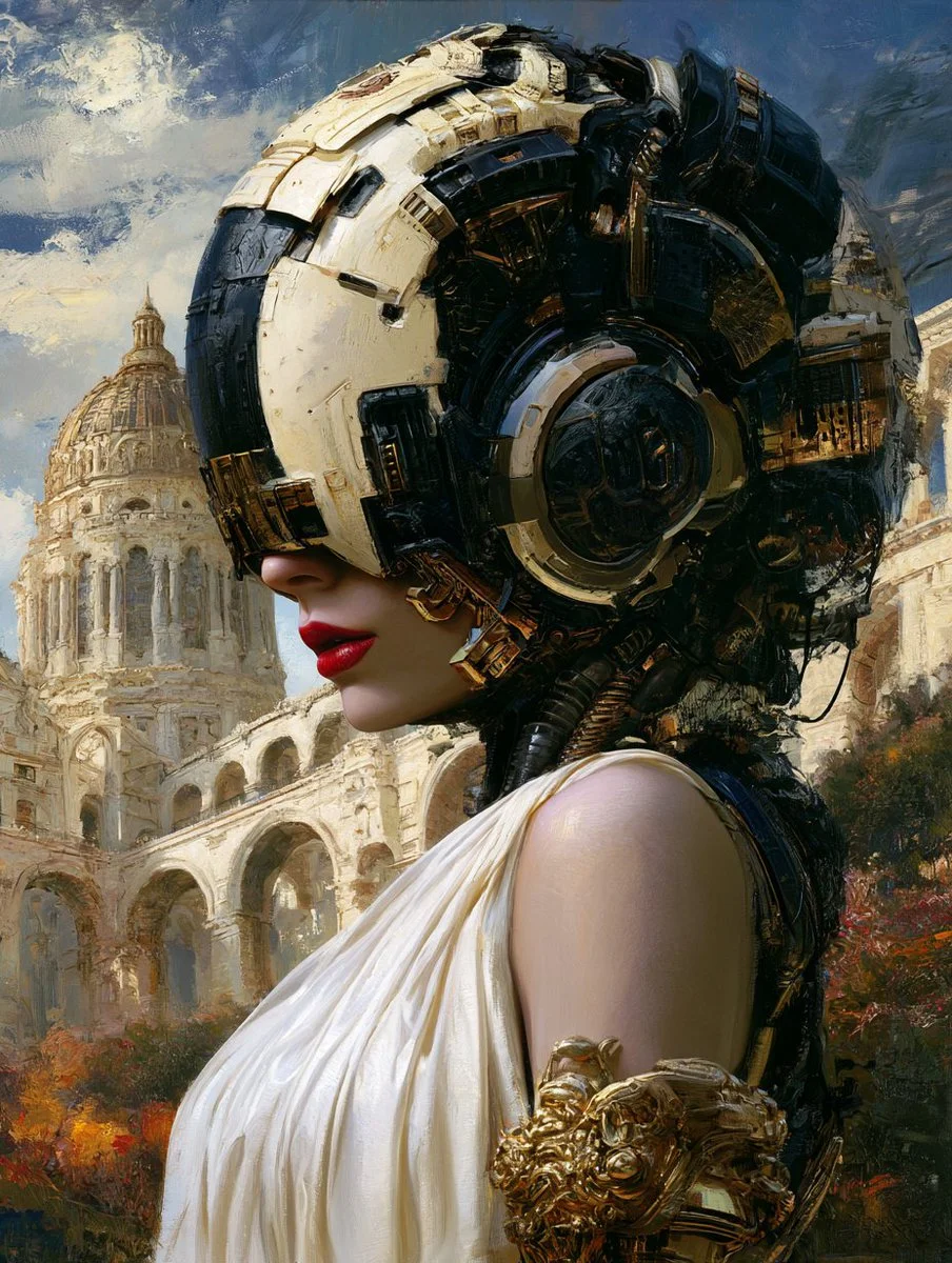 Elegant mechanical apparatus frames her profile with autumn hints