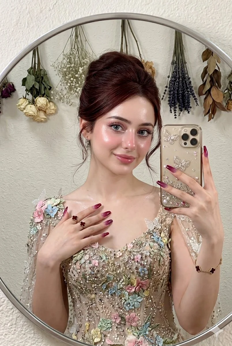 Elegant Mermaid Gown Mirror Selfie with Douyin Glass Skin Glow