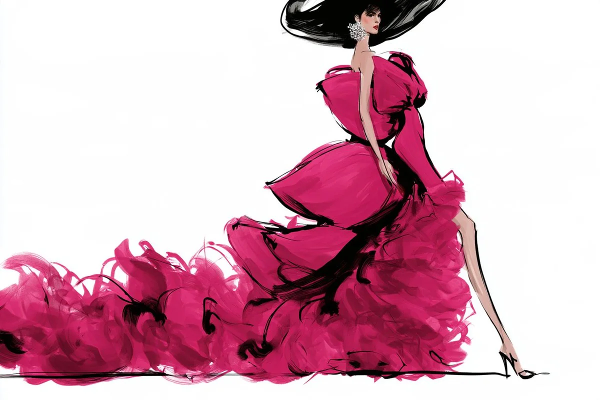 Elegant model in couture gown strikes a dramatic runway pose