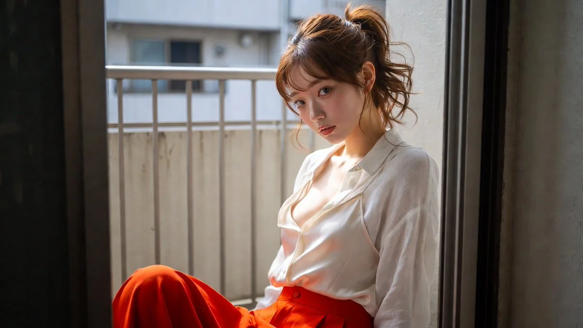 Elegant model in warm tones relaxes on apartment balcony