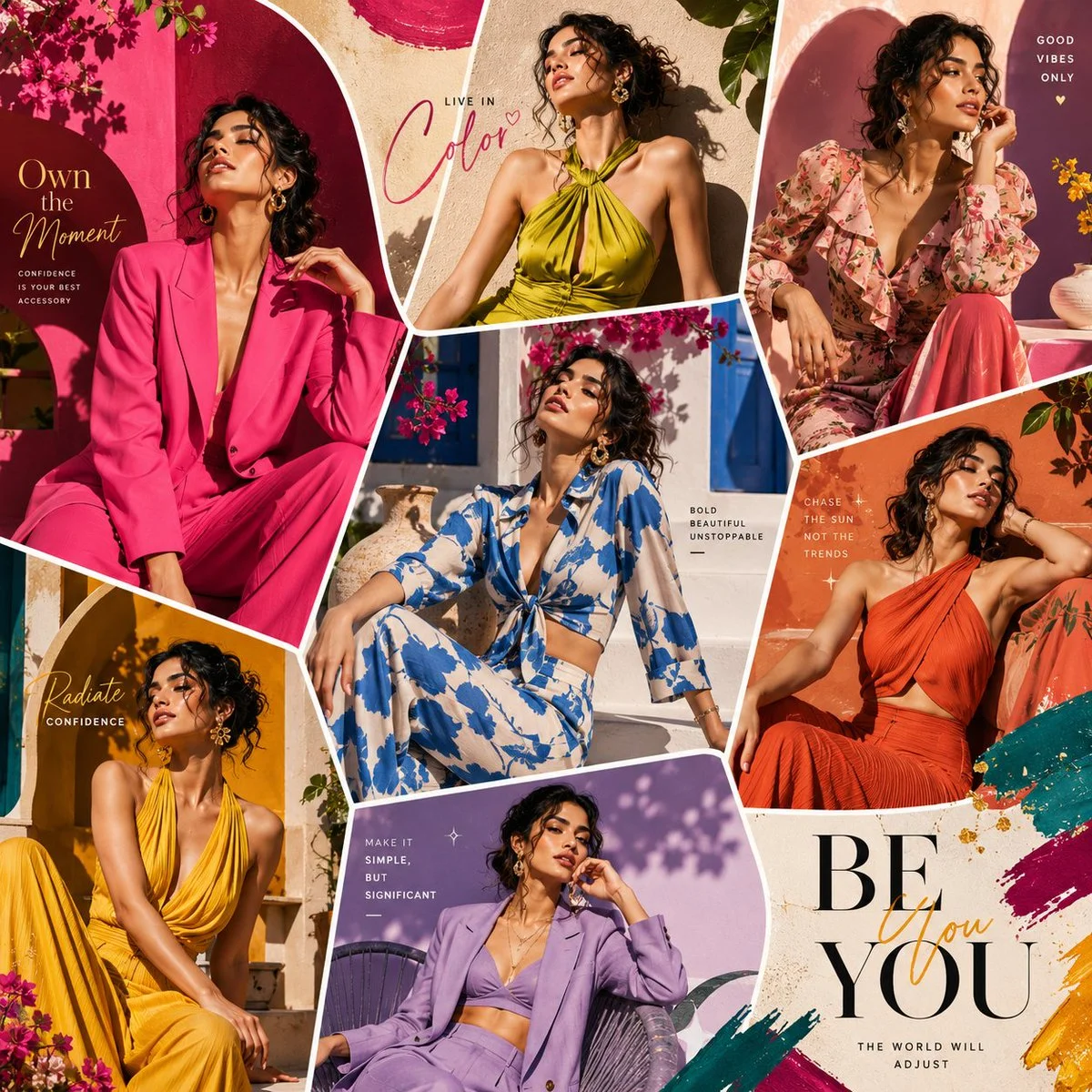 Elegant model poses across vibrant fashion panels in editorial sunlight