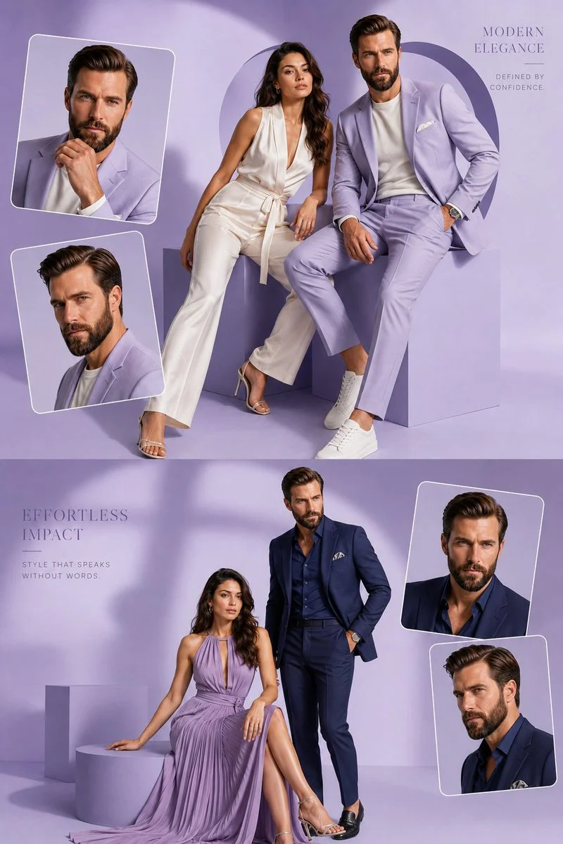 Elegant model poses in soft lavender studio with floating frames