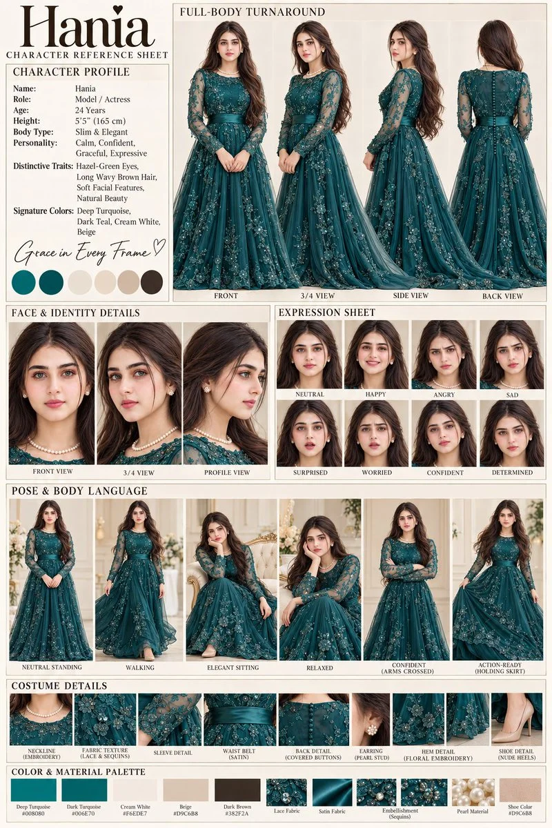 Elegant Model Seerat Shines in Turquoise Gown Character Sheet