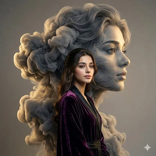 Elegant model stands before a giant smoke profile silhouette