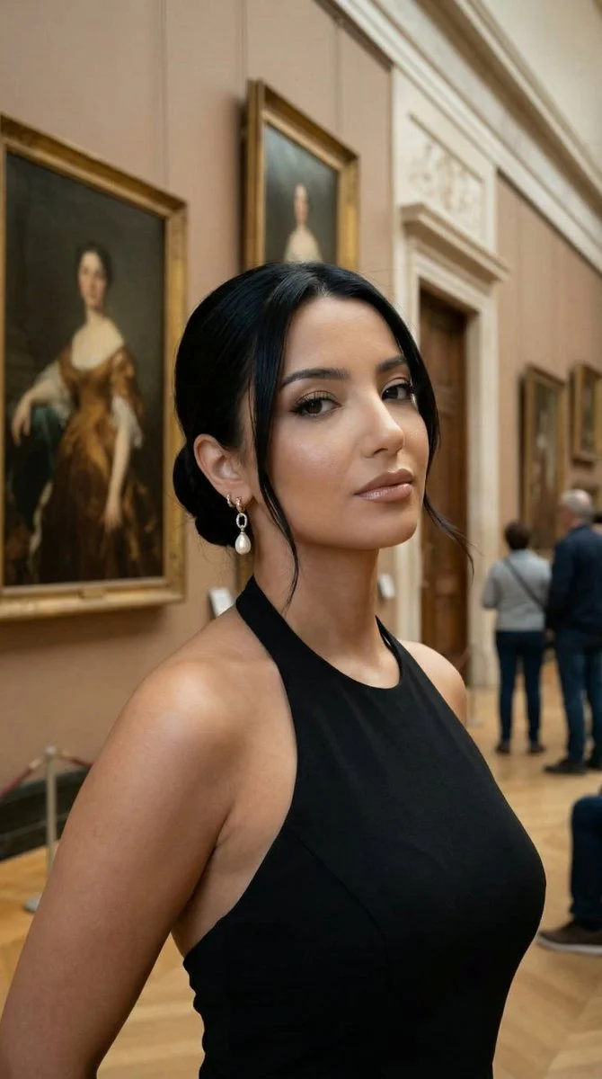 Elegant Muse Amidst Parisian Masterpieces