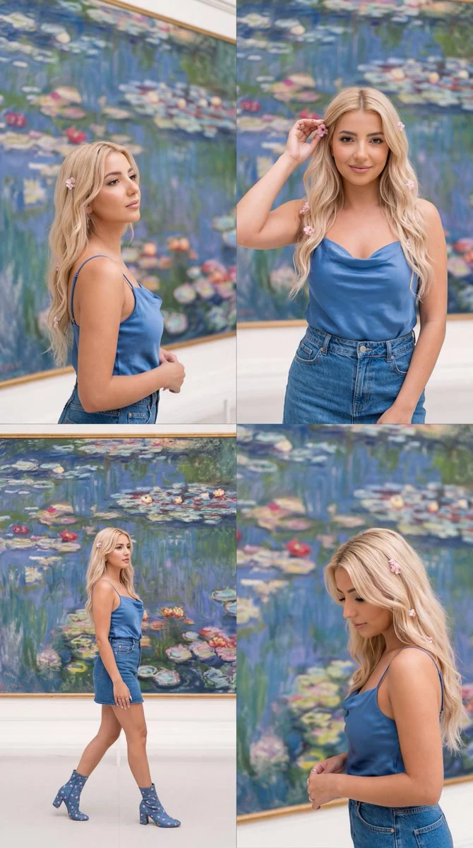 Elegant Muse in Monet’s Light: A 2x2 Fashion Editorial Grid