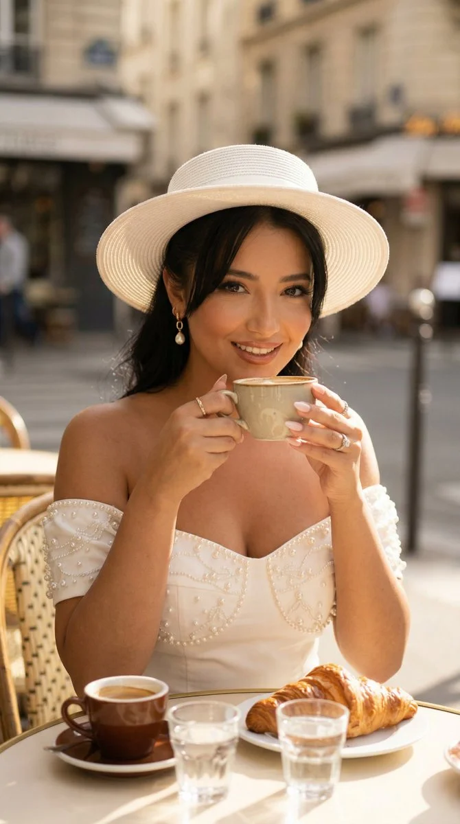 Elegant Parisian Morning: Chic Woman Savoring Coffee Outdoors