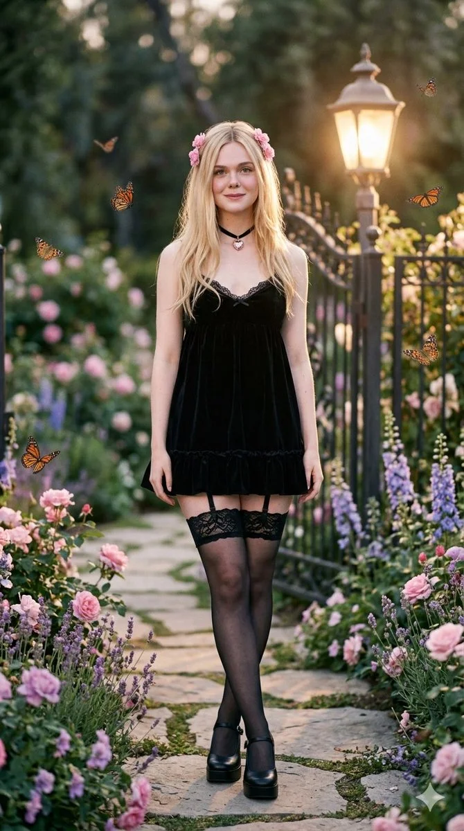 Elegant Pastel Goth Portrait of a Smiling Character in a Garden