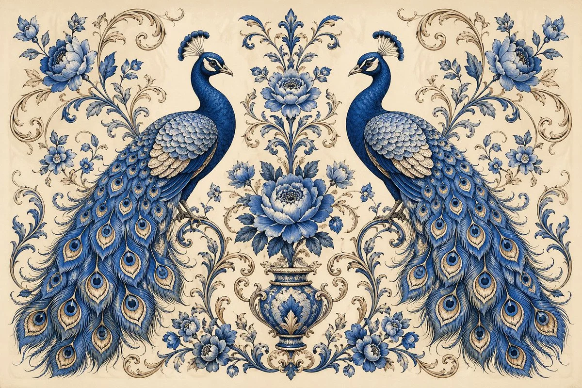 Elegant Peacocks in Botanical Harmony