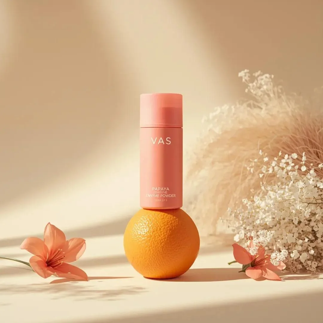 Elegant Pink Papaya Enzyme Powder on Vibrant Orange Base