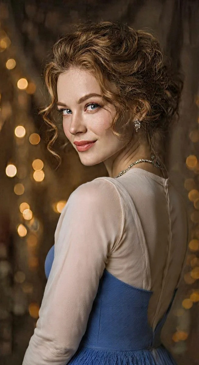 Elegant portrait captures a woman's gentle turn with cinematic glow